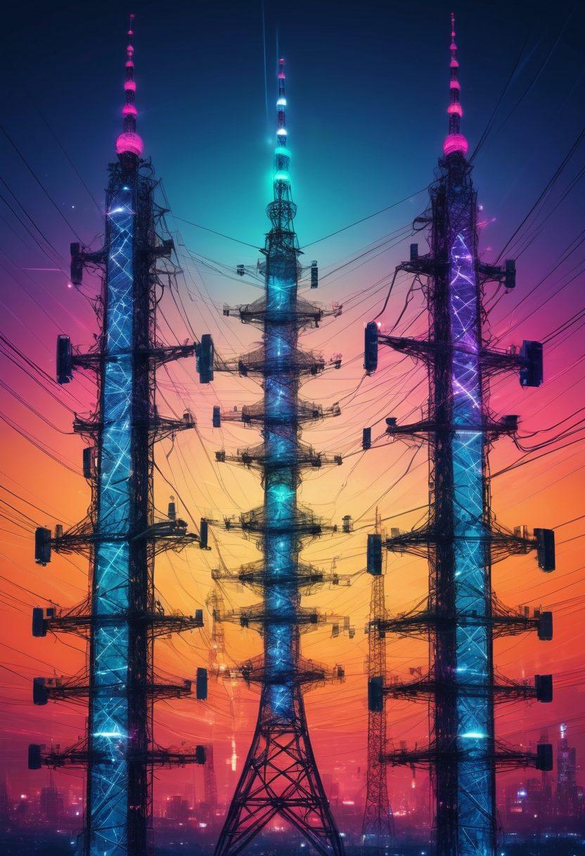A vibrant collage of interconnected cellular towers against a backdrop of a digital grid, with icons representing various telecom elements such as signal waves, smartphones, and articles. The towers should be depicted in a dynamic, engaging way, symbolizing the communication network of the modern world. The color palette should be bright and inviting, drawing in readers to the importance of telecom content. super-realistic. vibrant colors. digital art.