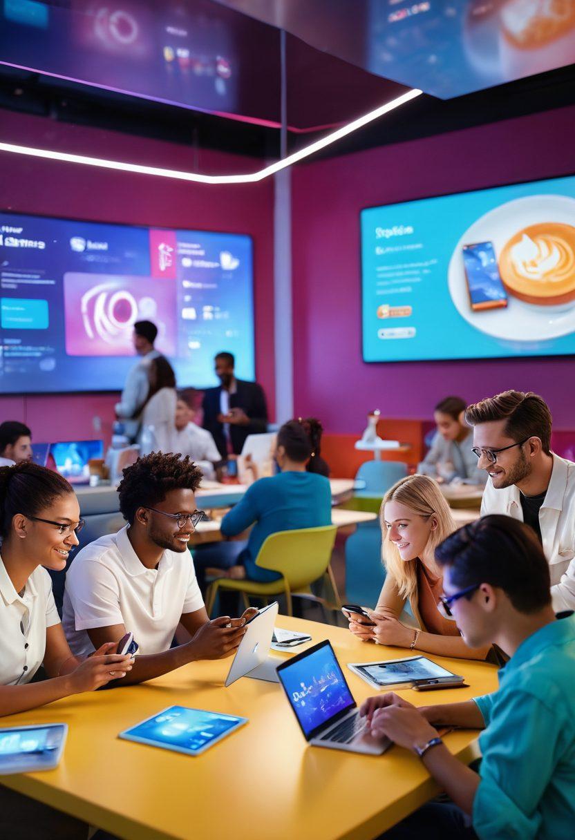 A futuristic scene showcasing a diverse group of bloggers engaging with mobile devices and wireless technology in a vibrant café setting. The background features holographic displays of mobile apps and 5G networks, while each blogger is interacting with cutting-edge tech and discussing ideas. Soft and inviting colors with a dynamic energy, conveying innovation and collaboration. super-realistic. vibrant colors. 3D.
