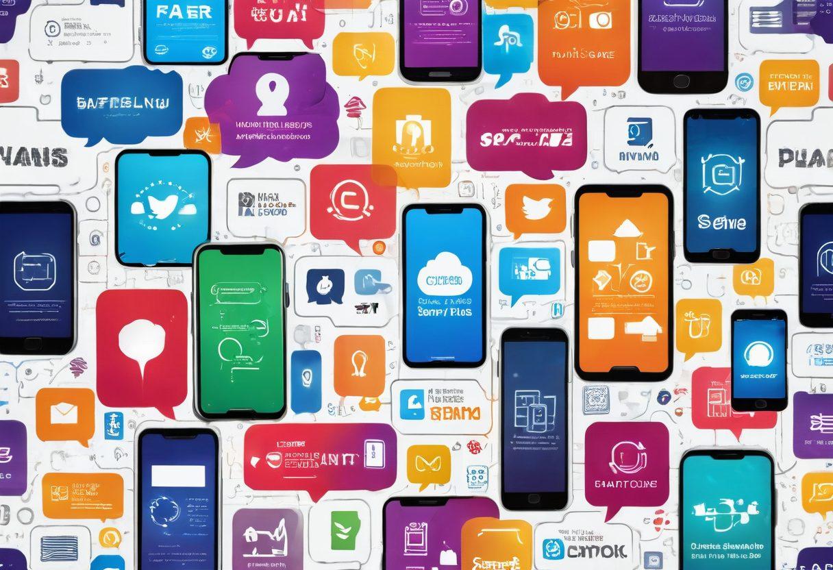 A vibrant collage showcasing various smartphones surrounded by service plan icons and flowing text bubbles with reviews and ratings. The arrangement should feel dynamic and engaging, with a warm color palette to evoke excitement. Include subtle hints of tech elements like circuit patterns in the background. super-realistic. vibrant colors. white background.